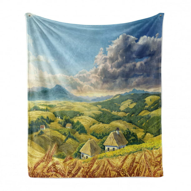 Cozy Plush for Indoor and Outdoor Use Green White Blue Ambesonne Country Soft Flannel Fleece Throw Blanket 50 x 70 Summer Rural Landscape with Wheat and Small Country Houses in Valley Art 